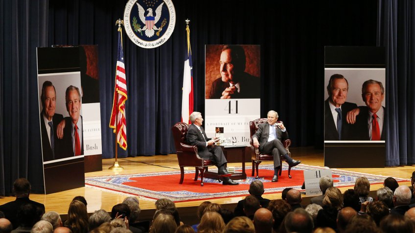 White House Chief of Staff to President George W Bush Andrew H Card (l) Talks with Former President of the United States George W Bush the 43rd President of the United States (r) at the Launch of His New Book '41: a Portrait of My Father' at the George Bush Presidnetial Library Center in College Station Texas Usa 11 November 2014 the Book is a Personal Biography Telling the Story of His Father George H W Bush the 41st President of the United States at His Fathers Presidential Library on Veterans Day United States College StationUsa President George W Bush New Book - Nov 2014.