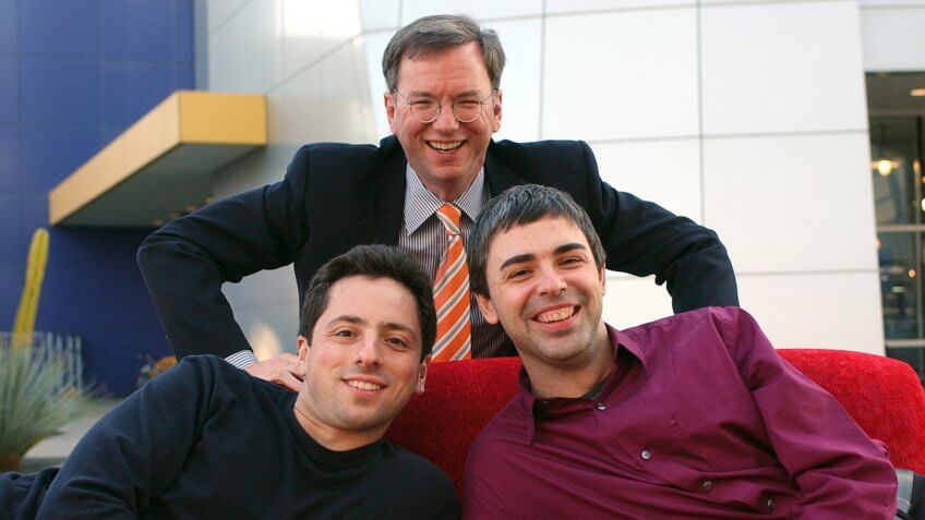 PAGE BRIN SCHMIDT Google CEO Eric Schmidt, top, and co-founders Sergey Brin, left, and Larry Page are seen at company headquarters, in Mountain View, Calif.