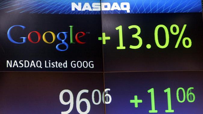 The price of Google stock is displayed shortly after the company's initial public offering and trading opened mid-day, at the Nasdaq Marketsite in Times Square, in New YorkGOOGLE IPO, NEW YORK, USA.