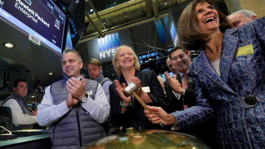 Meg Whitman, Pat Russo Hewlett Packard Enterprise President and Chief Executive Officer Meg Whitman, center, applauds as the company's board Chair Pat Russo, right, rings a ceremonial bell when their stock begins trading, on the floor of the New York Stock Exchange, .