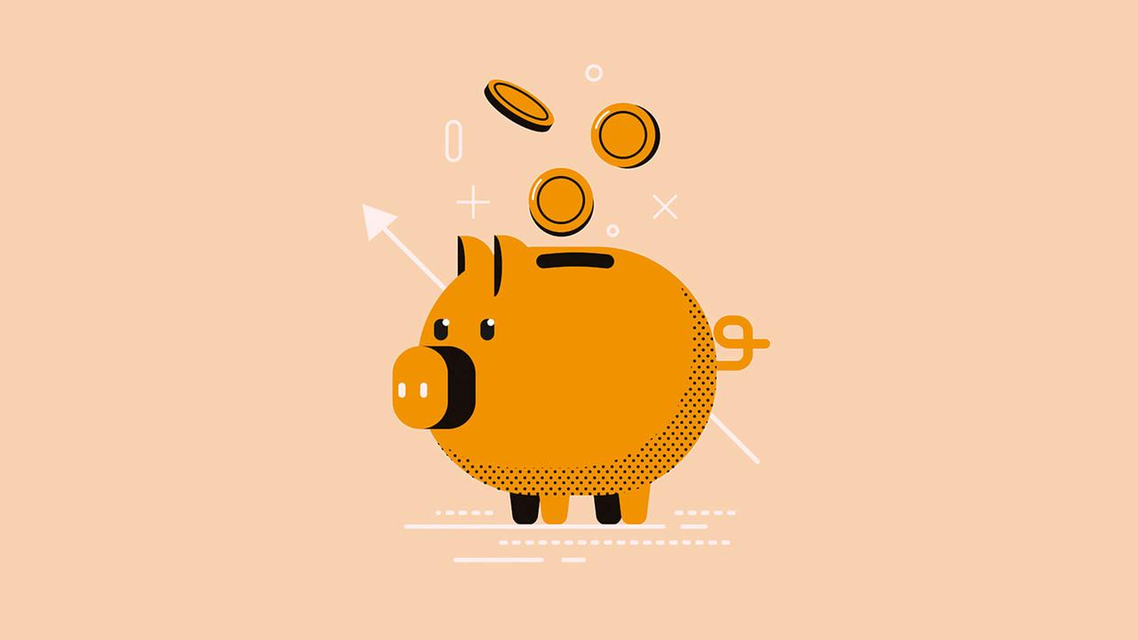 Piggy bank with coins saving many vector flat concept.