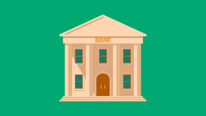 Flat detailed bank building icon.