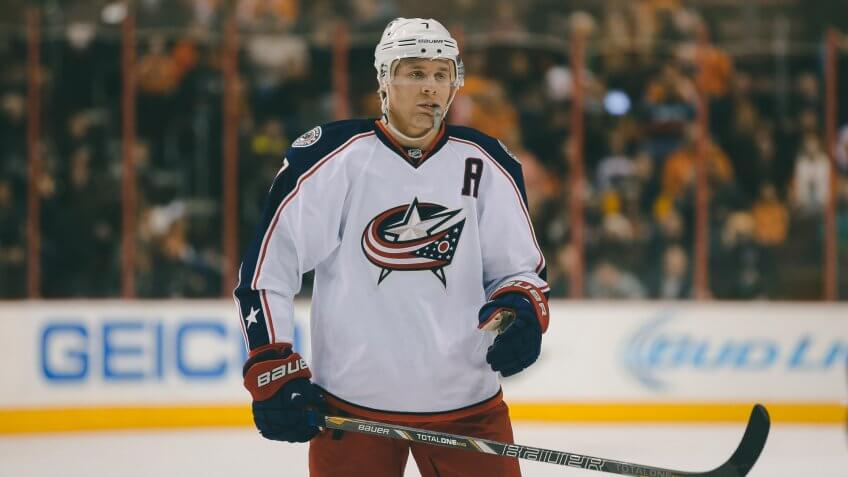 Columbus Blue Jackets' Jack Johnson in action during an NHL hockey game against the Philadelphia Flyers, in PhiladelphiaBlue Jackets Flyers Hockey, Philadelphia, USA.