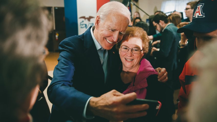 Democratic presidential candidate former Vice President Joe Biden takes a selfie during a campaign event on foreign policy at a VFW post, in Osage, IowaElection 2020 Joe Biden, Osage, USA - 22 Jan 2020.
