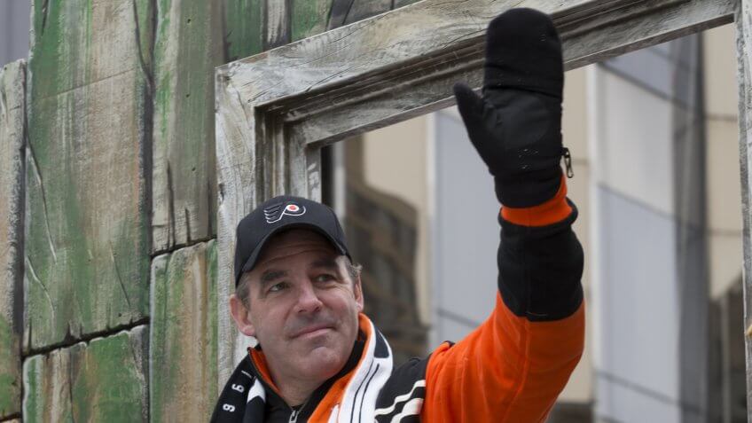 New York, NY USA - November 27, 2014: Pat LaFontaine & John LeClair ride on float at the 88th Annual Macy's Thanksgiving Day Parade along Columbus Circle.