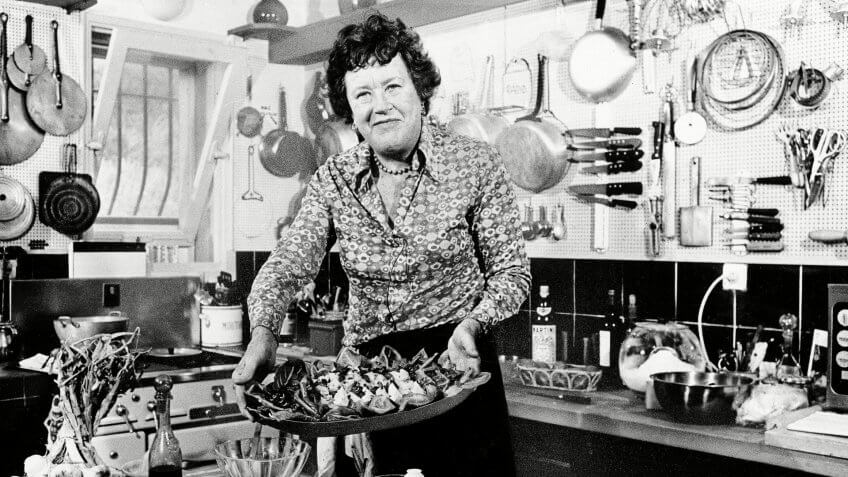 Julia Child American television chef Julia Child shows a salade nicoise she prepared in the kitchen of her vacation home in Grasse, southern France.