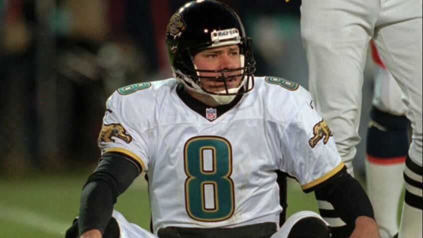 MARK BRUNELL Jacksonville Jaguars quarterback Mark Brunell drops the ball after being sacked in the fourth quarter of the Jaguars' 42-17 loss to the Denver Broncos in the AFC wild card playoff game, in Denver's Mile High Stadium.