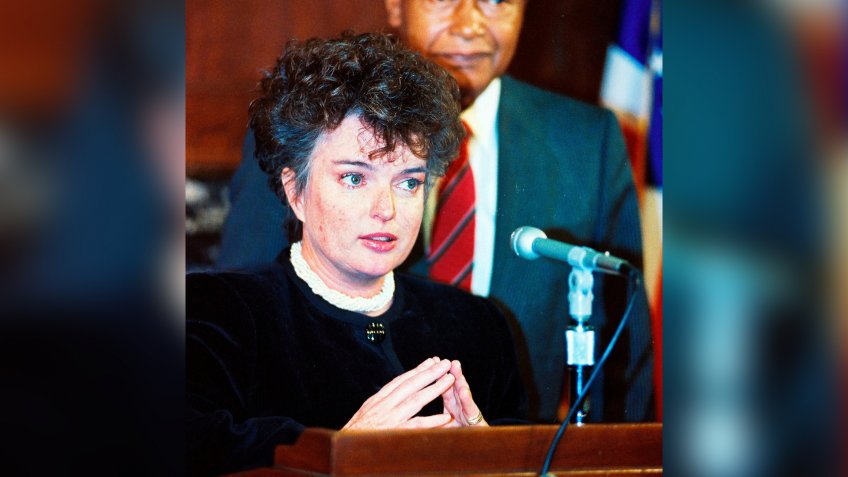Maureen OConnor Taken March 13, 1991, San Diego Mayor Maureen O'Connor speaks to the media with Los Angeles Mayor Tom Bradley, at City Hall in Los Angeles.