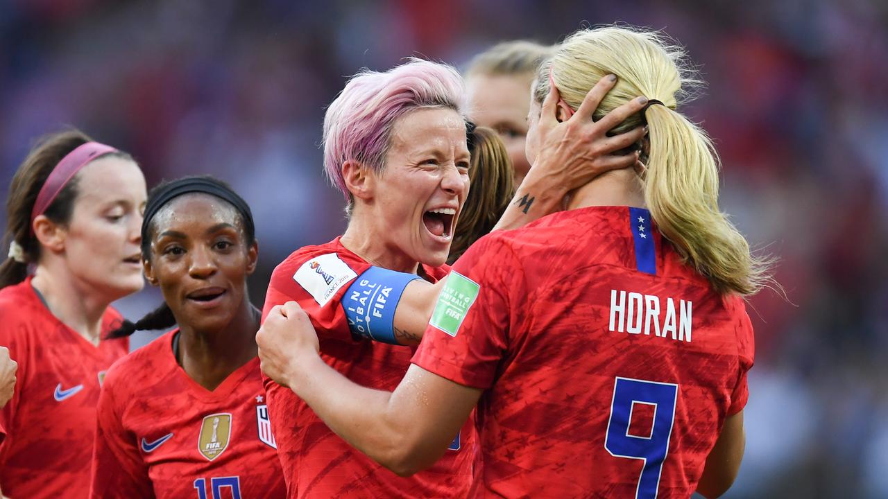 REIMS, FRANCE-JUNE 11:Megan Rapinoe of USA celebrates after scoring during the 2019 FIFA Women's World Cup France group F match between USA and Thailand at Stade Auguste Delaune.