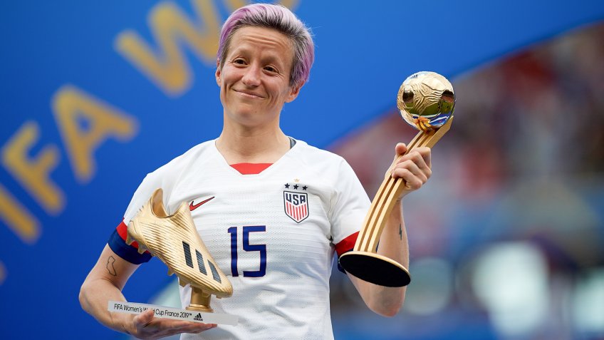 Megan Rapinoe celebrates after winning the 2019 FIFA Women's World Cup France Final match between USA and The Netherlands at Stade de Lyon on July 7, 2019 in Lyon, France.