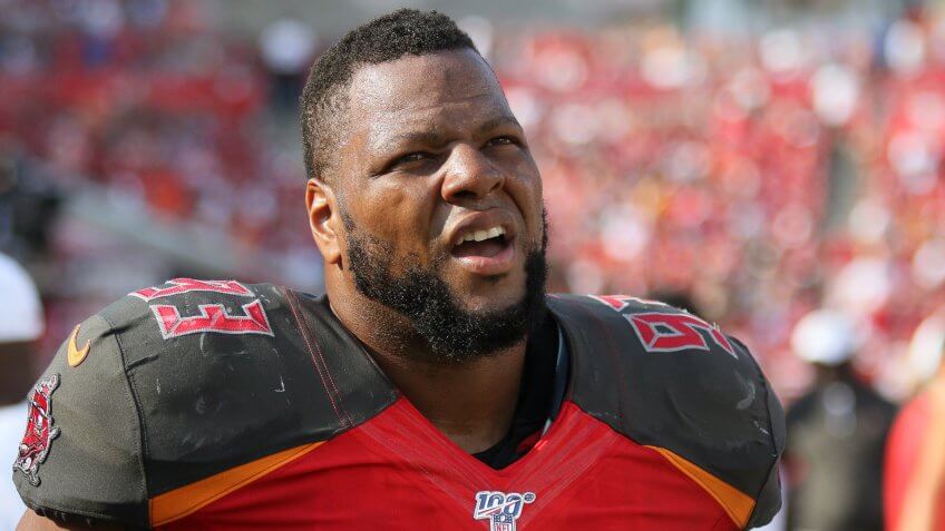 Tampa Bay Buccaneers defensive tackle Ndamukong Suh (93) on the sideline during the NFL game between the San Francisco 49ers and the Tampa Bay Buccaneers held at Raymond James Stadium in Tampa, Florida.