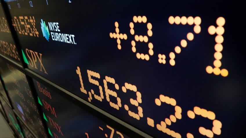 A board on the floor on the floor of the New York Stock Exchange shows the closing number for the S&P 500 index, in New York.