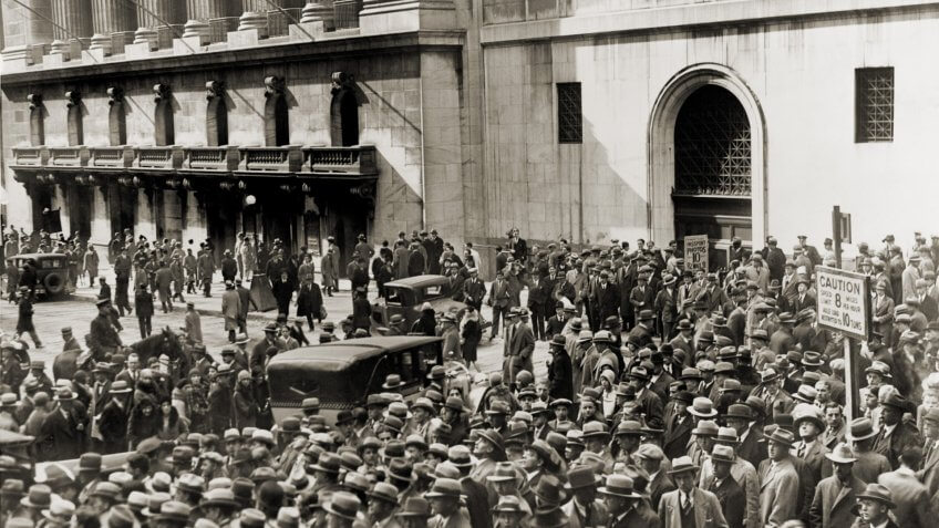 Crowd gathers outside the New York Stock Exchange during the Crash of October 1929.