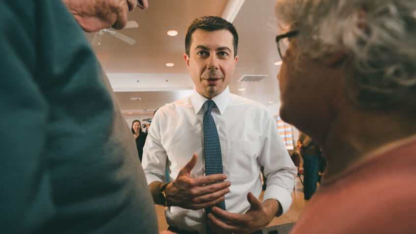 Former Mayor of South Bend Indiana Pete Buttigieg campaigns to be the 2020 Democratic presidential nominee at the Clarke County Fairgrounds in Osceola, Iowa, USA, 28 January 2020.