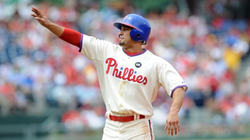 PHILADELPHIA - JULY 26: Phillies center fielder Shane Victorino reacts to being sent back to first base after a stolen base attempt July 26, 2009 in Philadelphia.