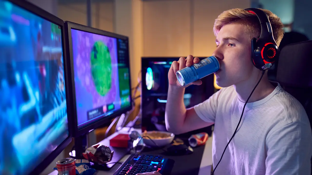 Teenage Boy Drinking Caffeine Energy Drink Gaming At Home Using Dual Computer Screens At Night.