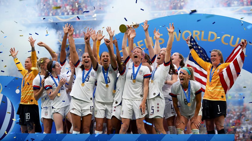 USA players celebrate after winning the 2019 FIFA Women's World Cup France Final match between The United State of America and The Netherlands at Stade de Lyon on July 7, 2019 in Lyon, France.