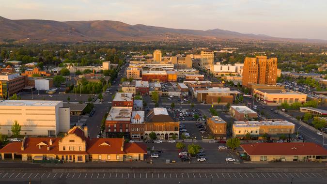 Beautiful light illuminated the downtown urban core city center of Yakima, WA.