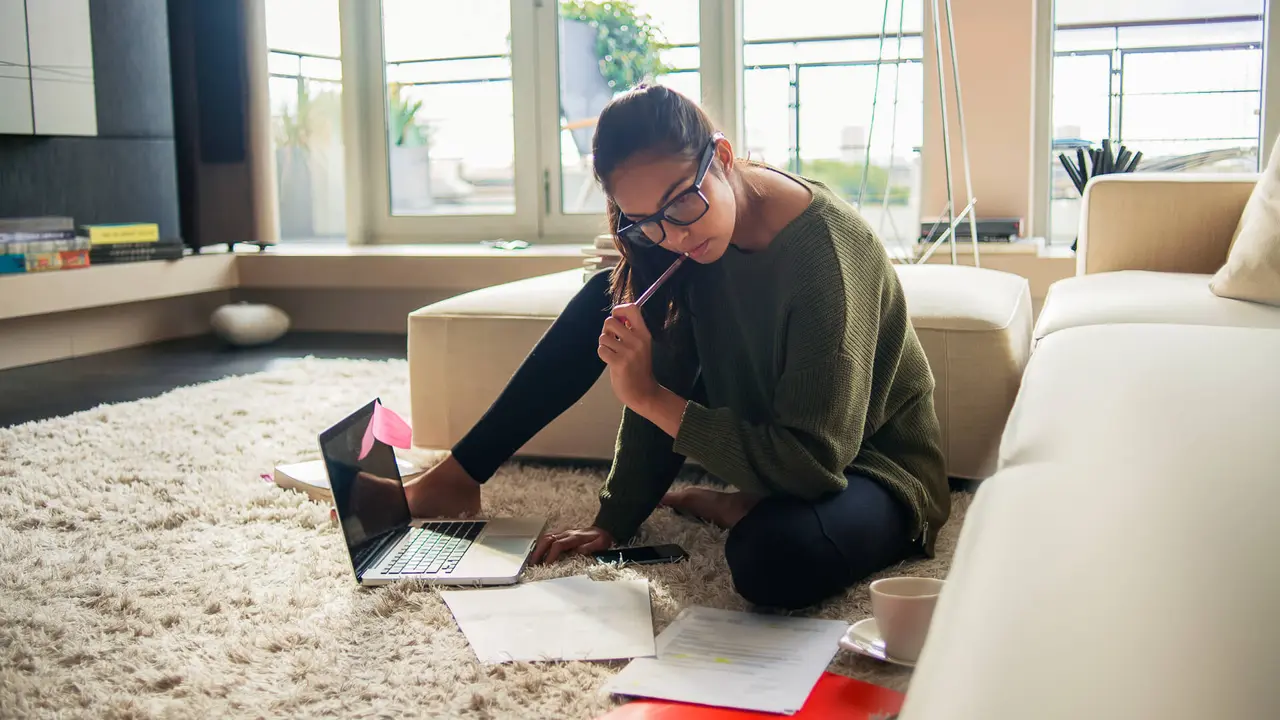 woman working from home in her living room.