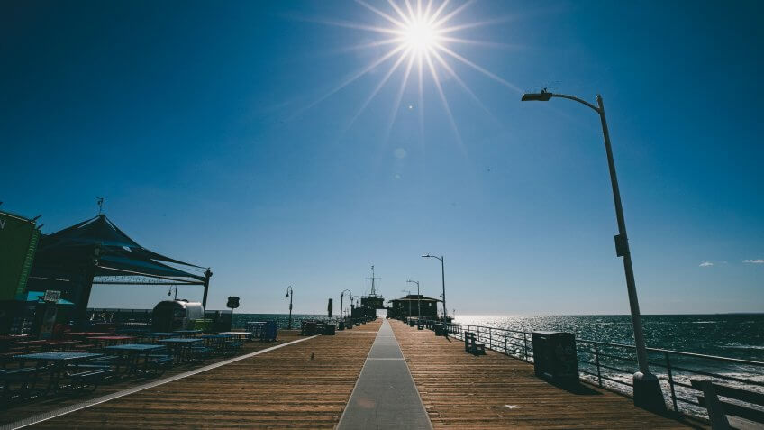 Mandatory Credit: Photo by ETIENNE LAURENT/EPA-EFE/Shutterstock (10587866g)View of a deserted Santa Monica Pier amid the coronavirus pandemic, in Santa Monica, California, USA, 18 March 2020.