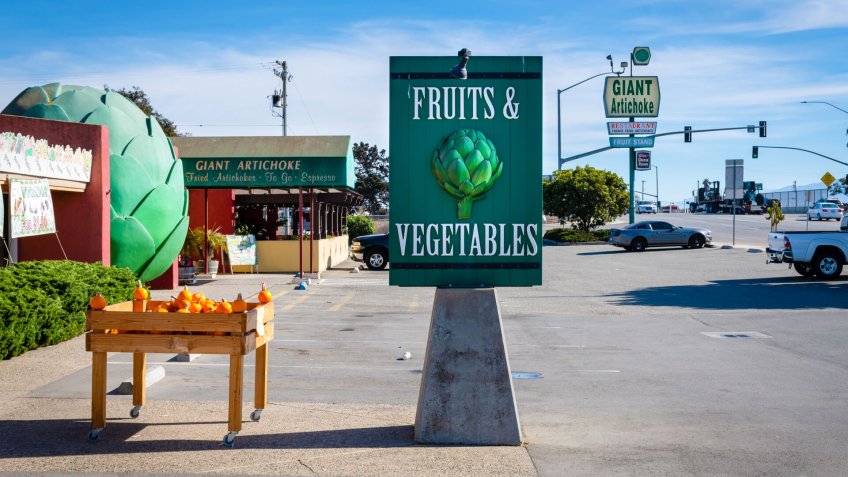 Castroville, California, United States of America- November 3, 2018: Giant artichoke Fruit and vegetables sign.