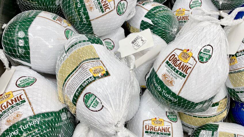 San Jose, CA - December 14, 2019: Foster Farms organic frozen whole turkeys.