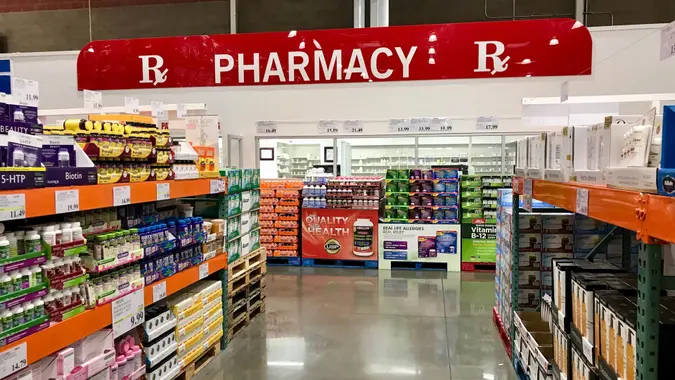 FOLSOM, CALIFORNIA, USA - OCT 3, 2017: Costco wholesale warehouse shopping aisle for drugs and vitamins on Pharmacy area, a members only club.