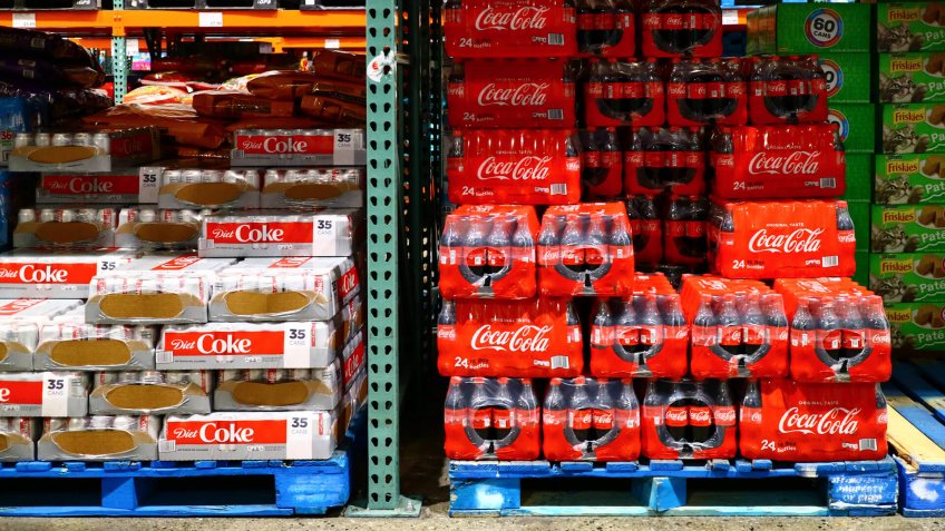 San Leandro, CA/USA - October 8, 2019: Carbonated beverages on pallets at Costco Wholesale.