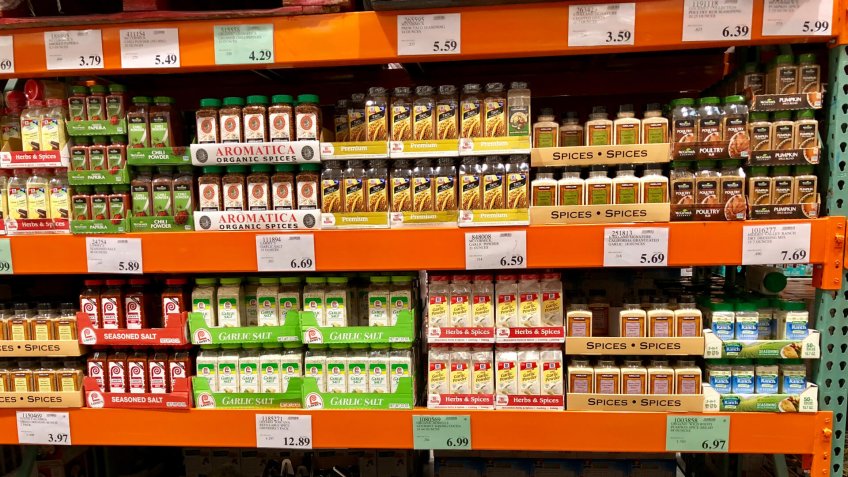 FOLSOM, CALIFORNIA, USA - DEC 14, 2017: Costco wholesale warehouse shopping aisle for spices and seasoning , a members only club.