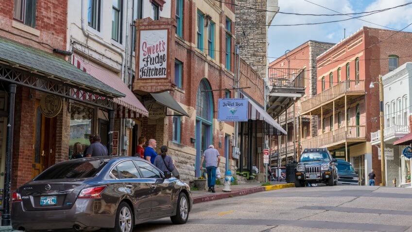 Eureka Springs, Arkansas / USA - April 27 2019: Beautiful street view downtown Eureka Springs, shop commerce destination area, must visit in Northwest Arkansas.
