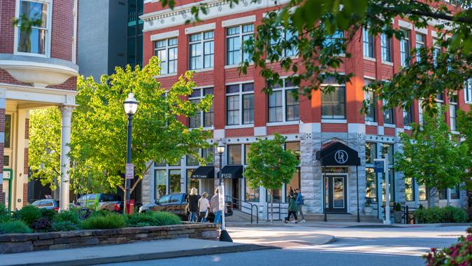 Fayetteville, Arkansas / USA - May 04 2019: Building Facade view, historical square downtown Fayetteville, Northwest Arkansas.