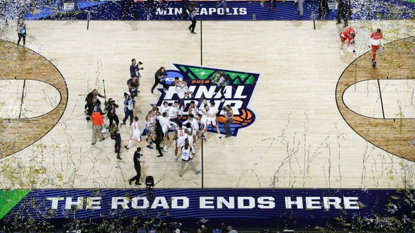 Virginia players celebrates after defeating Texas Tech 85-77 in the overtime in the championship of the Final Four NCAA college basketball tournament, in MinneapolisFinal Four Texas Tech Virginia Basketball - 08 Apr 2019.