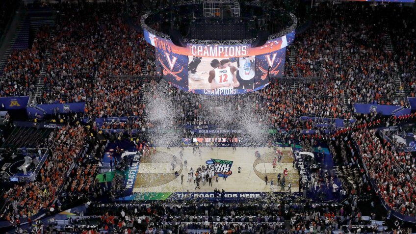 Virginia players celebrates after defeating Texas Tech 85-77 in the overtime in the championship of the Final Four NCAA college basketball tournament, in MinneapolisFinal Four Texas Tech Virginia Basketball - 08 Apr 2019.