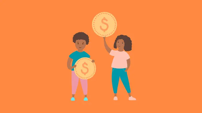 Vector isolated illustration of smiling boy and girl holding coin.