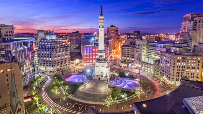 Indianapolis, Indiana, USA skyline over Monument Circle.