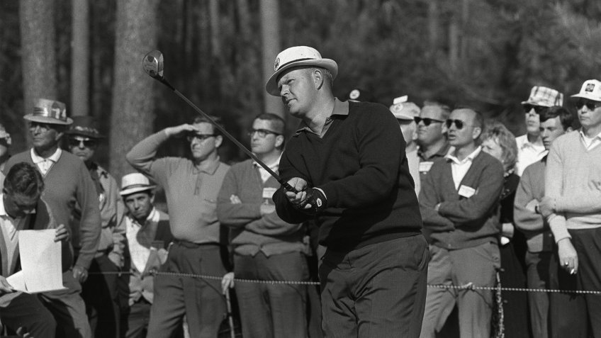 Jack Nicklaus, who was the youngest player to win the Masters golf tournament at 23 in 1963, gets off a practice shot at Augusta National Golf ClubMASTERS NICKLAUS, AUGUSTA, USA.