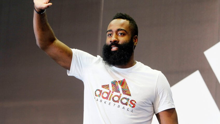 Mandatory Credit: Photo by Chiang Ying-ying/AP/Shutterstock (9735082f)James Harden waves to fans during a media event in Taipei, TaiwanNBA, Taipei, Taiwan - 04 Jul 2018.