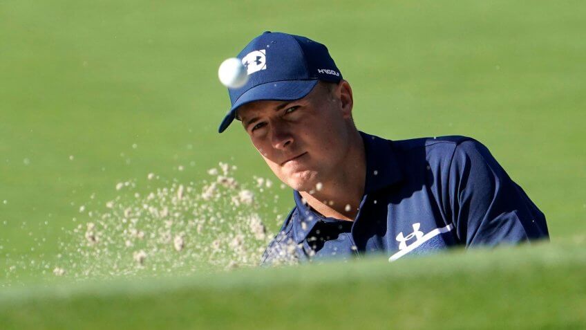 Mandatory Credit: Photo by Lee Jin-man/AP/Shutterstock (10453476g)Jordan Spieth of the United States hits a shot out of a bunker on the 9th hole during the pro-am event of the Zozo Championship PGA Tour at Accordia Golf Narashino C.