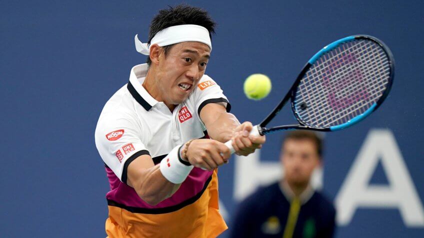 Mandatory Credit: Photo by Michael Owens/AP/Shutterstock (10373345x)Kei Nishikori, of Japan, returns a shot to Bradley Klahn, of the United States, during the second round of the US Open tennis championships, in New YorkUS Open Tennis, New York, USA - 28 Aug 2019.