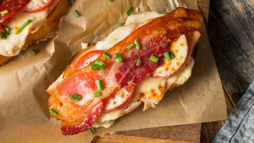 Homemade Baked Kentucky Hot Brown with Bacon Chicken and Cream Sauce.