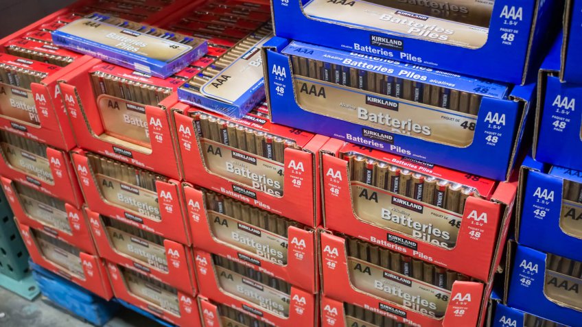 Marina Del Rey, California/United States - 01/23/2020: A view of several packages of Kirkland Signature batteries on display at a local Costco.