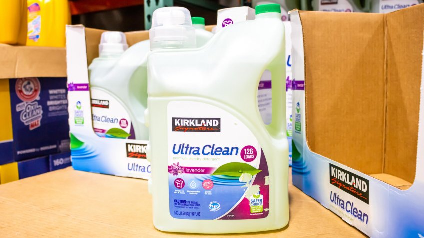 Alhambra, California/United States - 01/31/2020: A view of several large containers of Kirkland Signature Ultra Clean laundry detergent on display at a local Costco.