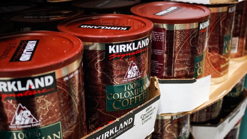 Garden Grove, California/United States - 02/13/2020: A view of several big canisters of Kirkland Signature Colombian ground coffee on display at a local Costco.