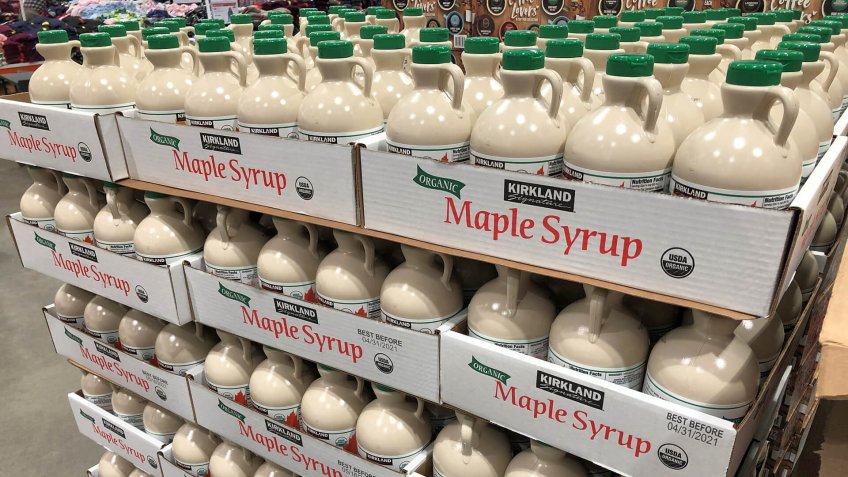 BAXTER, MN - 8 DEC 2019: Costco Kirkland brand of organic Maple Syrup on display in store.