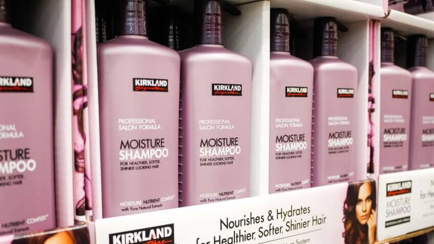 Garden Grove, California/United States - 02/13/2020: A view of several bottles of Kirkland Signature Moisture Shampoo on display at a local Costco.
