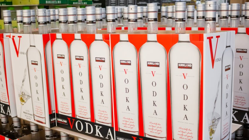 Marina Del Rey, California/United States - 01/23/2020: A view of several cases of glass bottles of Kirkland Signature Vodka on display at a local Costco.