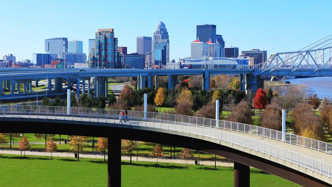 The Louisville, Kentucky skyline with pedestrian walkway in front.