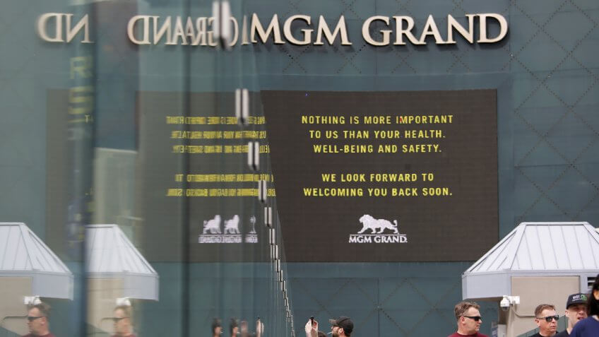 The MGM Grand hotel-casino, which is closing, flashes messages on their marquees that read "Nothing is more important to us than your health, well-being and safety.
