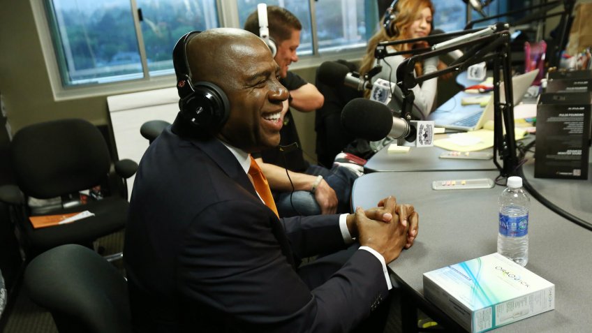 Earvin "Magic" Johnson, CEO of Magic Johnson Enterprises, visits Big Boyâ?™s Neighborhood at the LA Power 106 studio to discuss the OraQuick In-Home HIV test and the importance of knowing your HIV status on in Burbank, CalifOraQuick Media Tour with Magic Johnson, Burbank, USA - 25 Mar 2013.