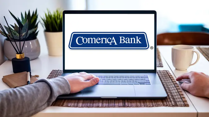 Comerica Bank logo on display screen